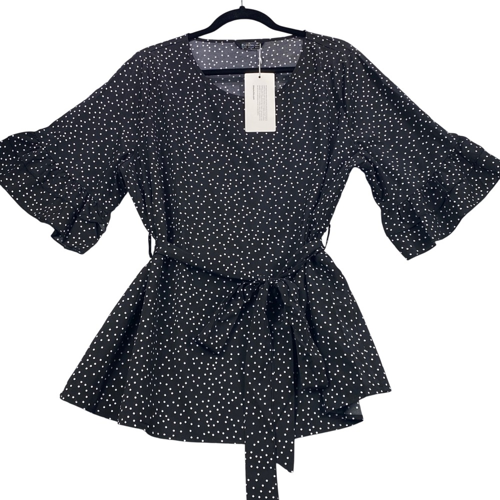 Bloomchic Womens Sz 14-16 Black‎ White Polka Dot Ruffle Sleeve Belted Wrap Tunic